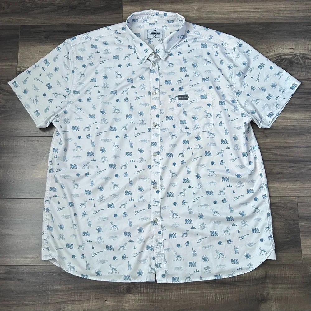 Burlebo Shirt Men’s 2XL White Blue Button Up Stretch American All Over Print - Picture 2 of 9